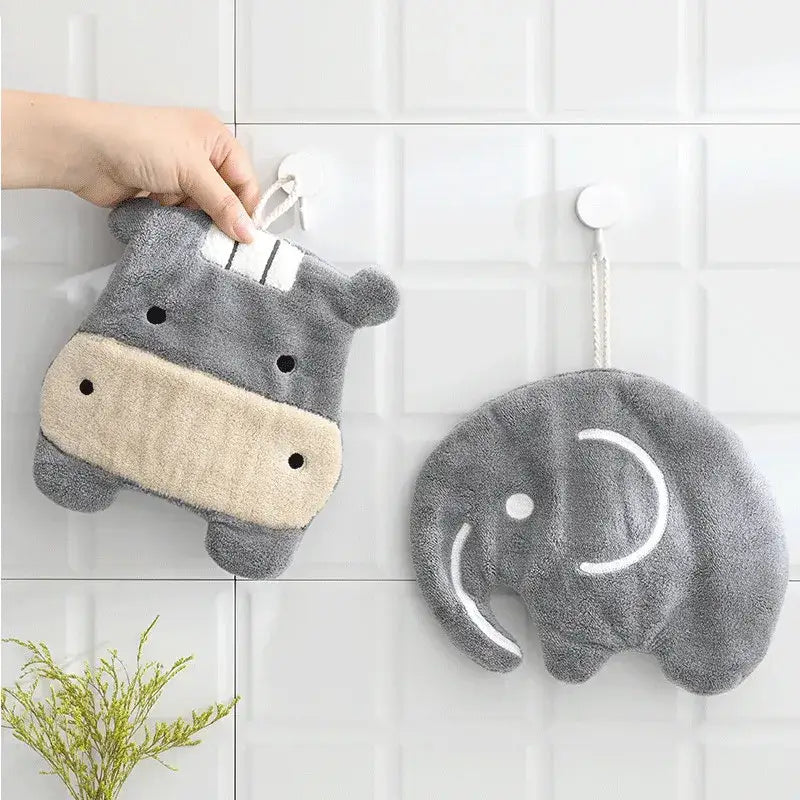 Cartoon animals coral velvet hand towel orange & gray bathroom decor