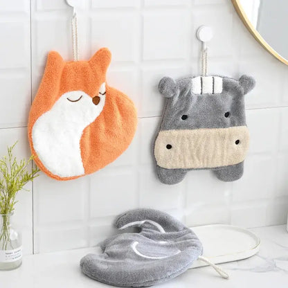 Cartoon animals coral velvet hand towel orange & gray bathroom decor