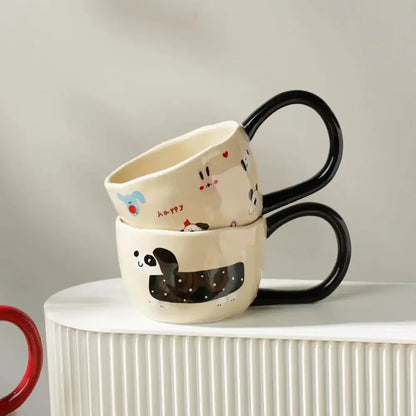 Cartoon big ear cup cream & black ceramic mug kitchen decor