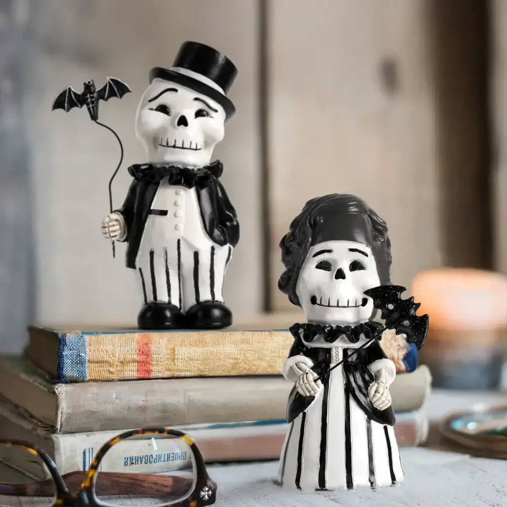 Cartoon black & white skeleton gentleman bat figurine living room decor