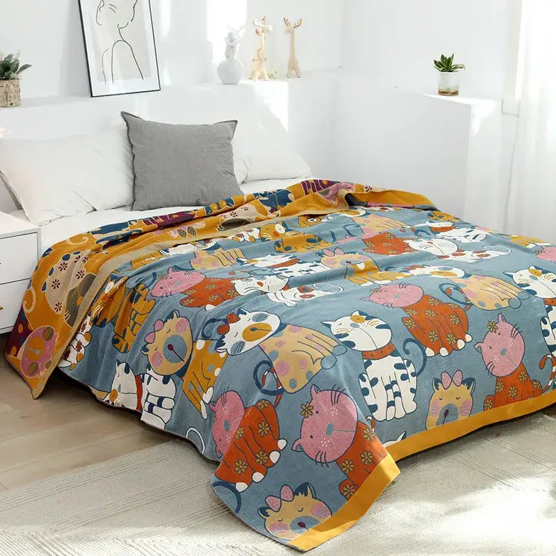 Cartoon boho bedspread blue cat woven cotton blanket bedroom decor