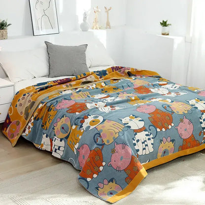 Cartoon boho bedspread blue cat woven cotton blanket bedroom decor