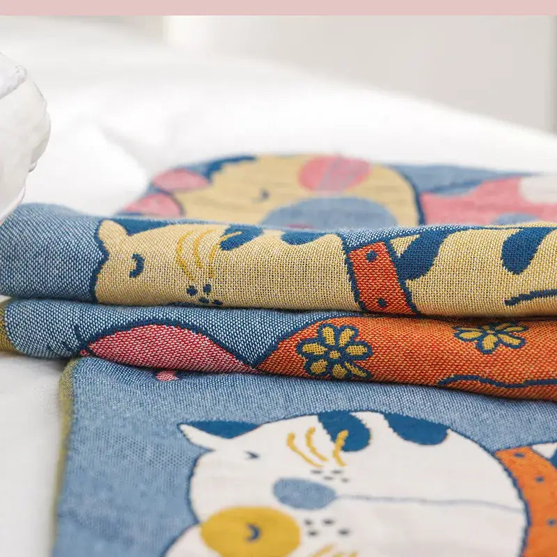 Cartoon boho bedspread blue cat woven cotton blanket bedroom decor