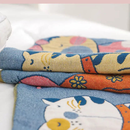 Cartoon boho bedspread blue cat woven cotton blanket bedroom decor