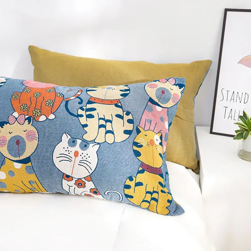Cartoon boho bedspread blue cat woven cotton blanket bedroom decor