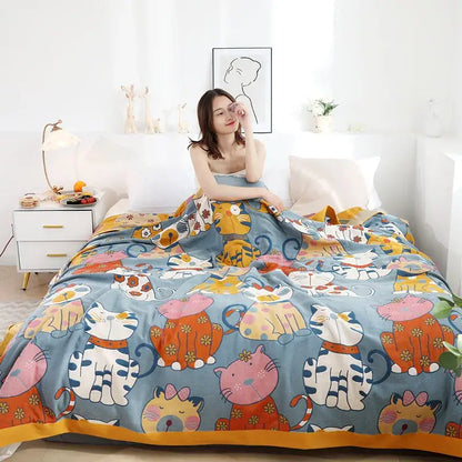 Cartoon boho bedspread blue cat woven cotton blanket bedroom decor