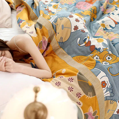 Cartoon boho bedspread blue cat woven cotton blanket bedroom decor