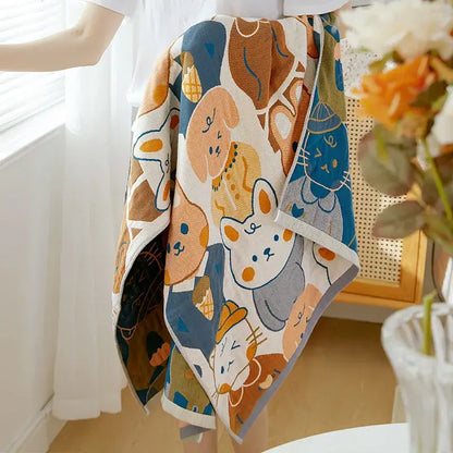 Cartoon cat and dog cotton gauze bath towel for bathroom