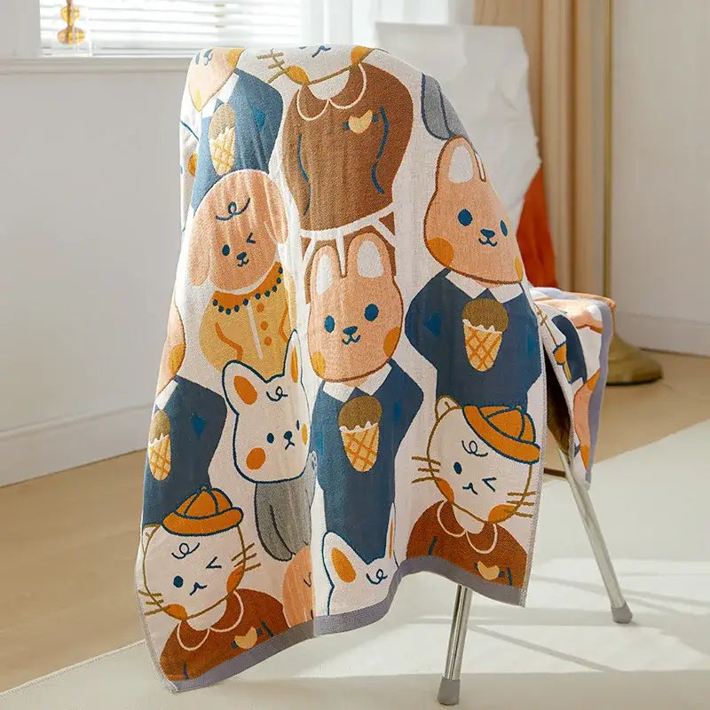 Cartoon cat and dog cotton gauze bath towel for bathroom