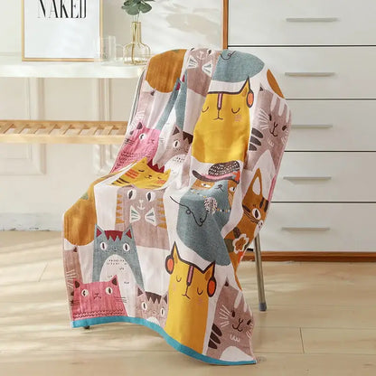 Cartoon cat and rabbit cotton gauze bath towel for bedroom and nursery