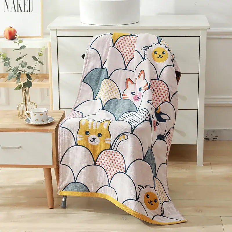 Cartoon cat and rabbit cotton gauze bath towel for bedroom and nursery