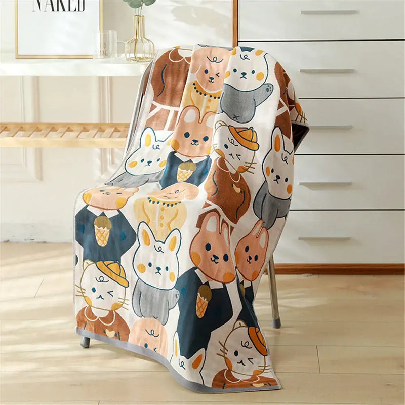 Cartoon cat and rabbit cotton gauze bath towel for bedroom and nursery