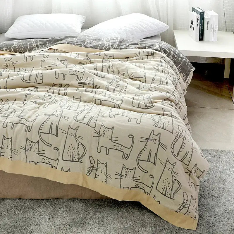 Cartoon cat bamboo cotton throw blanket cream bedroom decor
