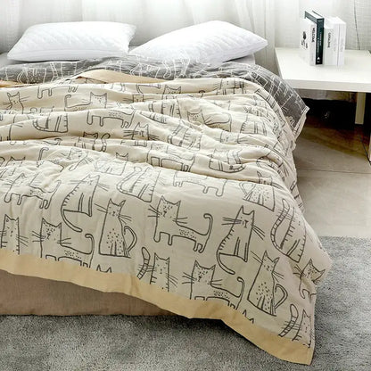 Cartoon cat bamboo cotton throw blanket cream bedroom decor