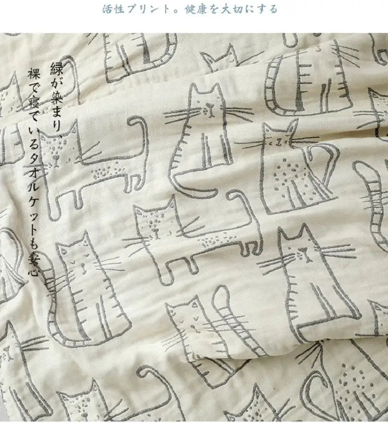 Cartoon cat bamboo cotton throw blanket cream bedroom decor