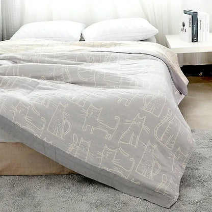 Cartoon cat bamboo cotton throw blanket cream bedroom decor