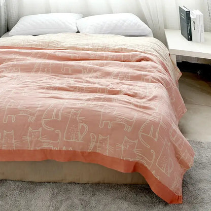 Cartoon cat bamboo cotton throw blanket cream bedroom decor
