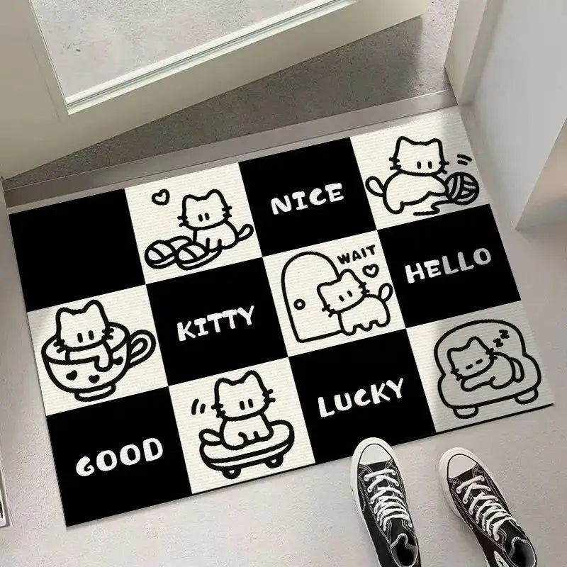 Cartoon cat black & white checkered door mat living room rug