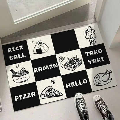 Cartoon cat black & white checkered door mat living room rug