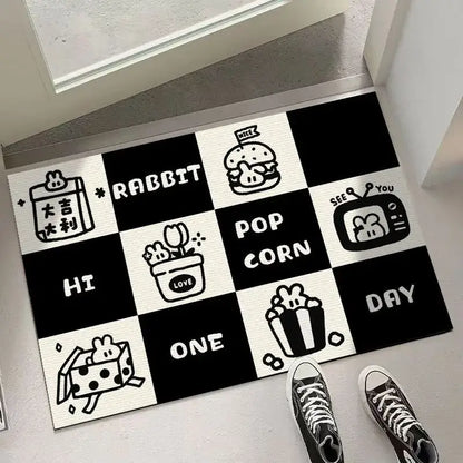 Cartoon cat black & white checkered door mat living room rug