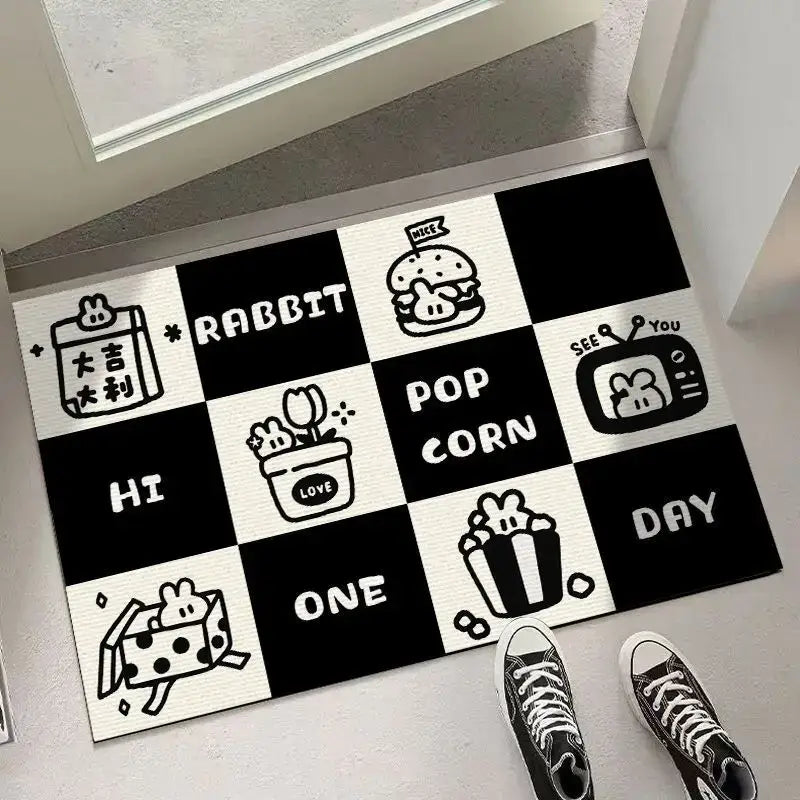 Cartoon cat black & white checkered door mat living room rug