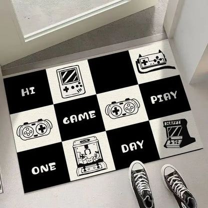 Cartoon cat black & white checkered door mat living room rug