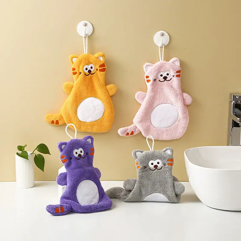 Cartoon cat coral velvet hand towels gray & pink bathroom decor