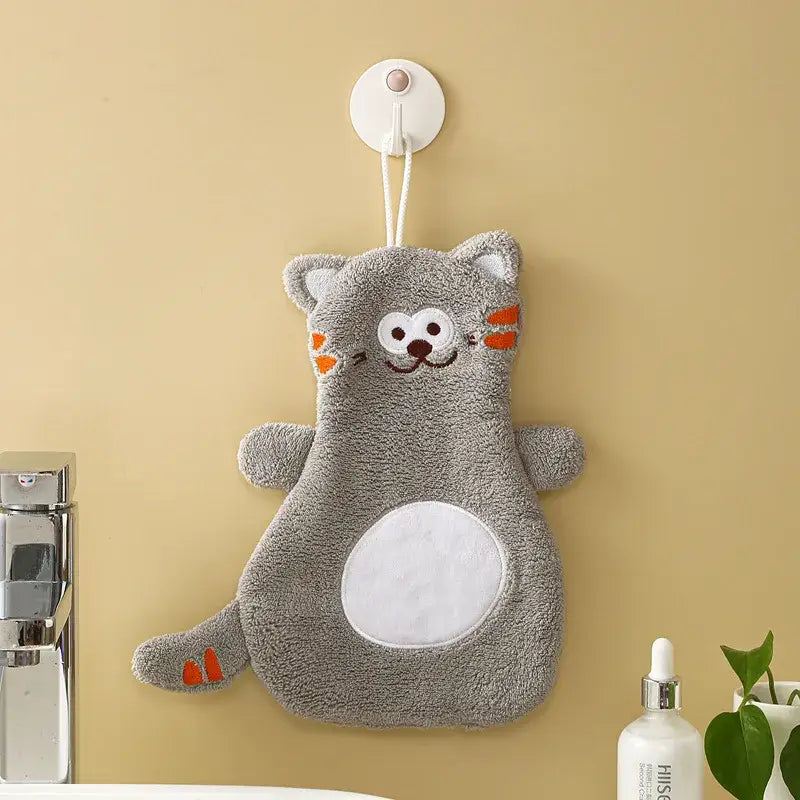 Cartoon cat coral velvet hand towels gray & pink bathroom decor