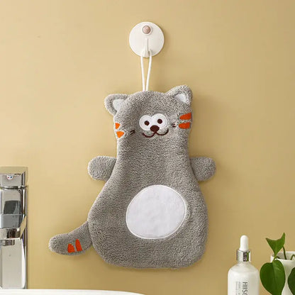 Cartoon cat coral velvet hand towels gray & pink bathroom decor