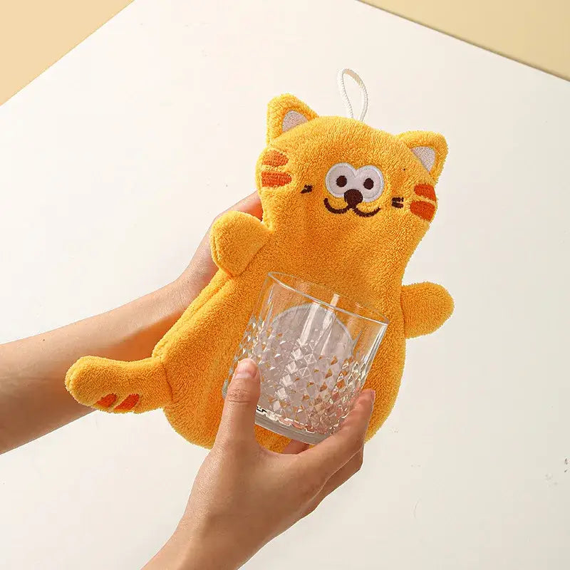 Cartoon cat coral velvet hand towels gray & pink bathroom decor