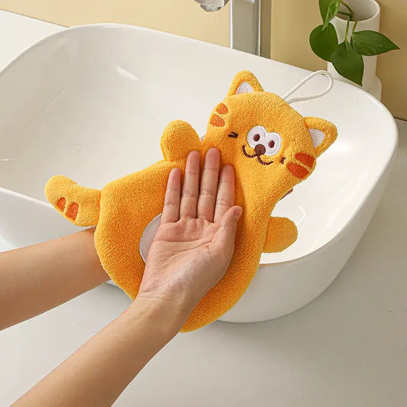 Cartoon cat coral velvet hand towels gray & pink bathroom decor