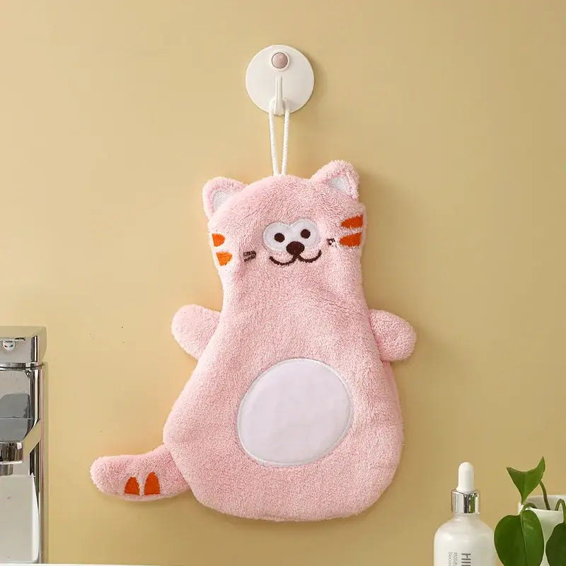 Cartoon cat coral velvet hand towels gray & pink bathroom decor