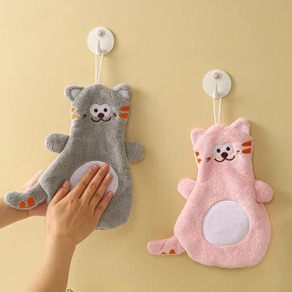 Cartoon cat coral velvet hand towels gray & pink bathroom decor