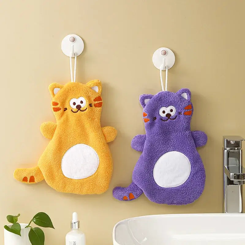Cartoon cat coral velvet hand towels gray & pink bathroom decor