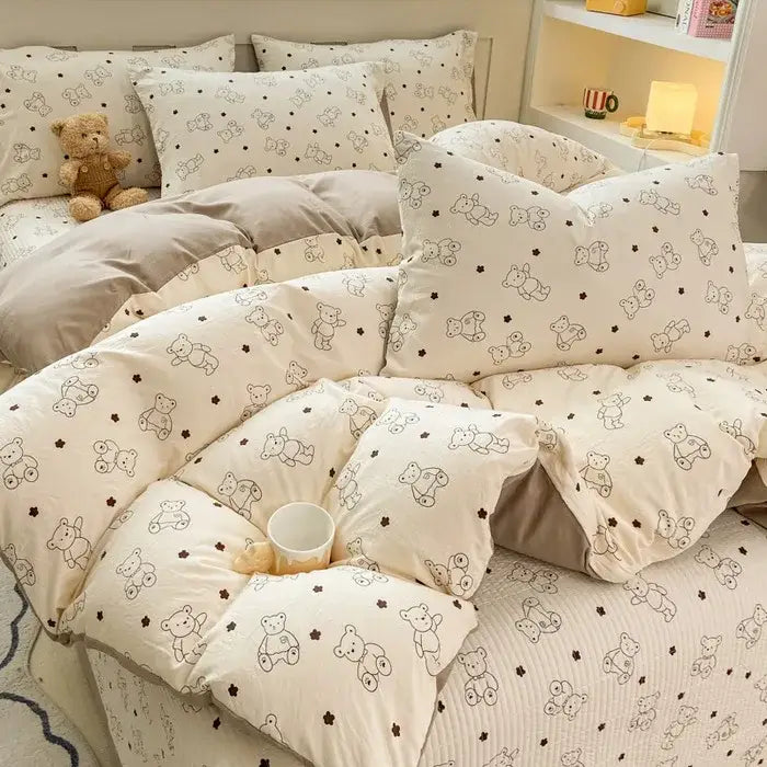 Cartoon cat floral pink cotton duvet set bedroom bedding