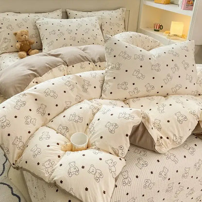 Cartoon cat floral pink cotton duvet set bedroom bedding