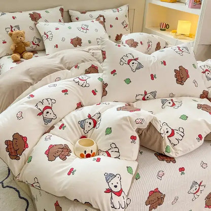 Cartoon cat floral pink cotton duvet set bedroom bedding