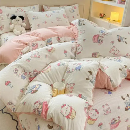 Cartoon cat floral pink cotton duvet set bedroom bedding
