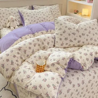 Cartoon cat floral pink cotton duvet set bedroom bedding