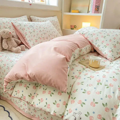 Cartoon cat floral pink cotton duvet set bedroom bedding