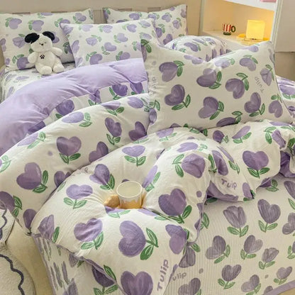 Cartoon cat floral pink cotton duvet set bedroom bedding