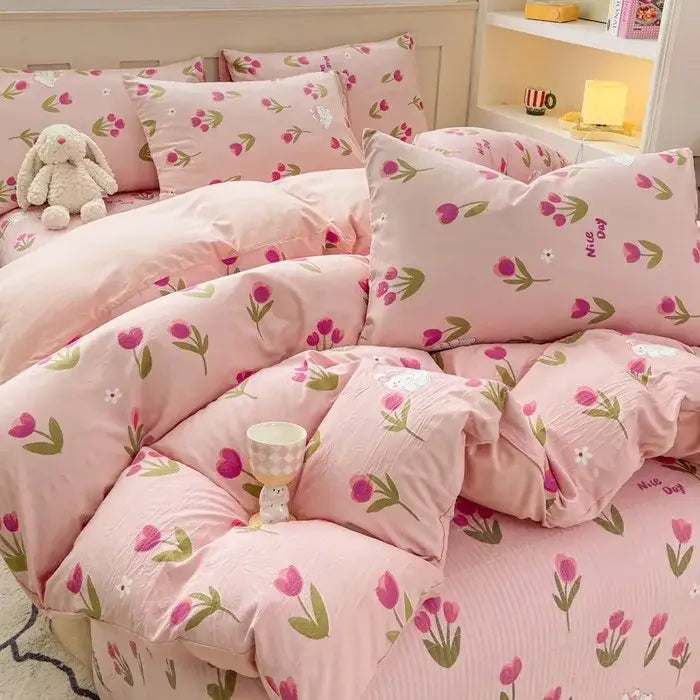 Cartoon cat floral pink cotton duvet set bedroom bedding