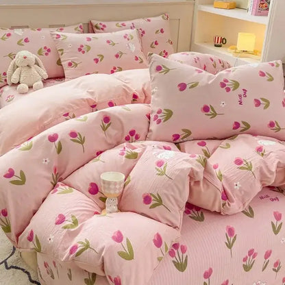 Cartoon cat floral pink cotton duvet set bedroom bedding