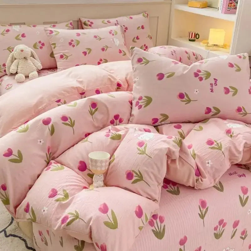 Cartoon cat floral pink cotton duvet set bedroom bedding