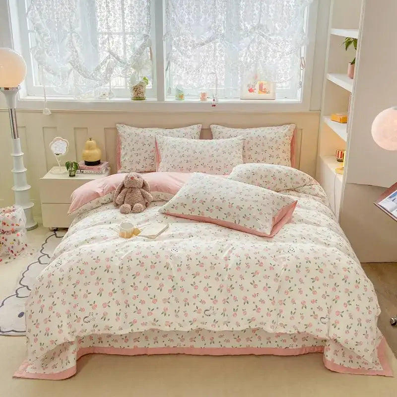Cartoon cat floral pink cotton duvet set bedroom bedding