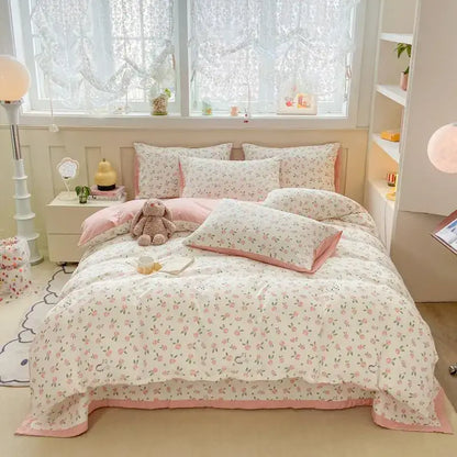 Cartoon cat floral pink cotton duvet set bedroom bedding
