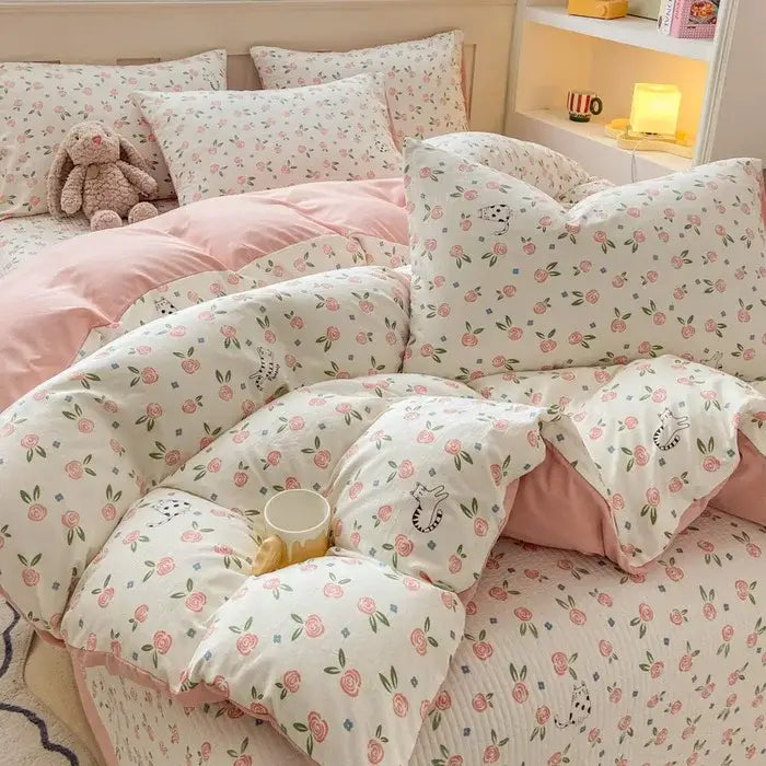 Cartoon cat floral pink cotton duvet set bedroom bedding
