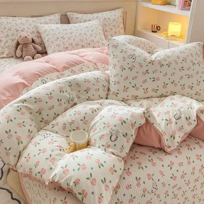 Cartoon cat floral pink cotton duvet set bedroom bedding