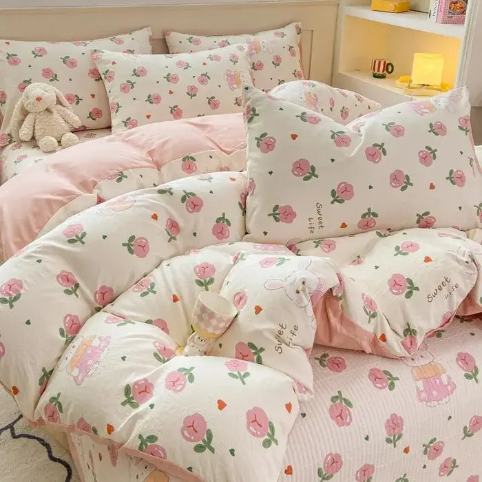 Cartoon cat floral pink cotton duvet set bedroom bedding