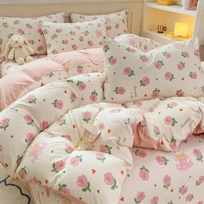 Cartoon cat floral pink cotton duvet set bedroom bedding